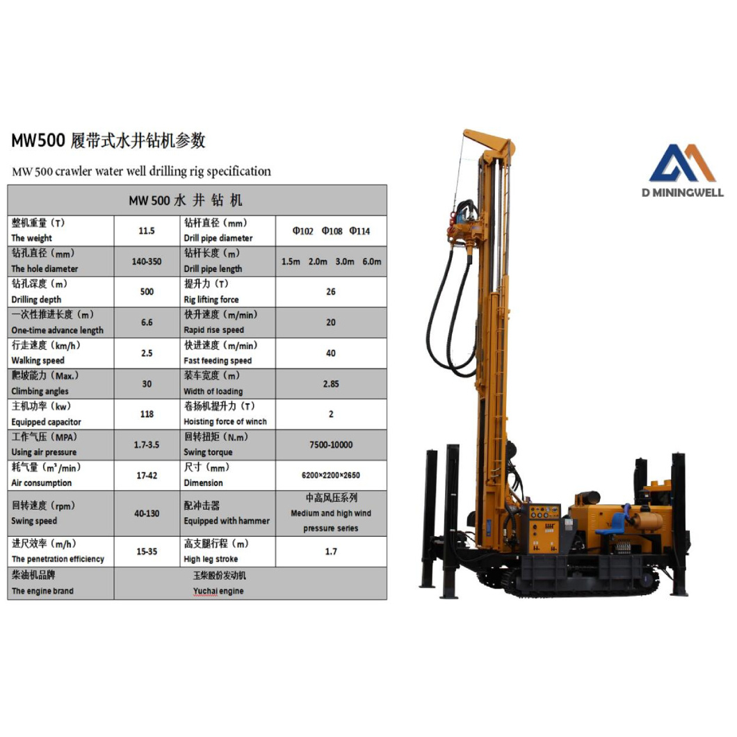 MW500 500m Drilling Depth 118kw portable hydraulic water well drilling rig price